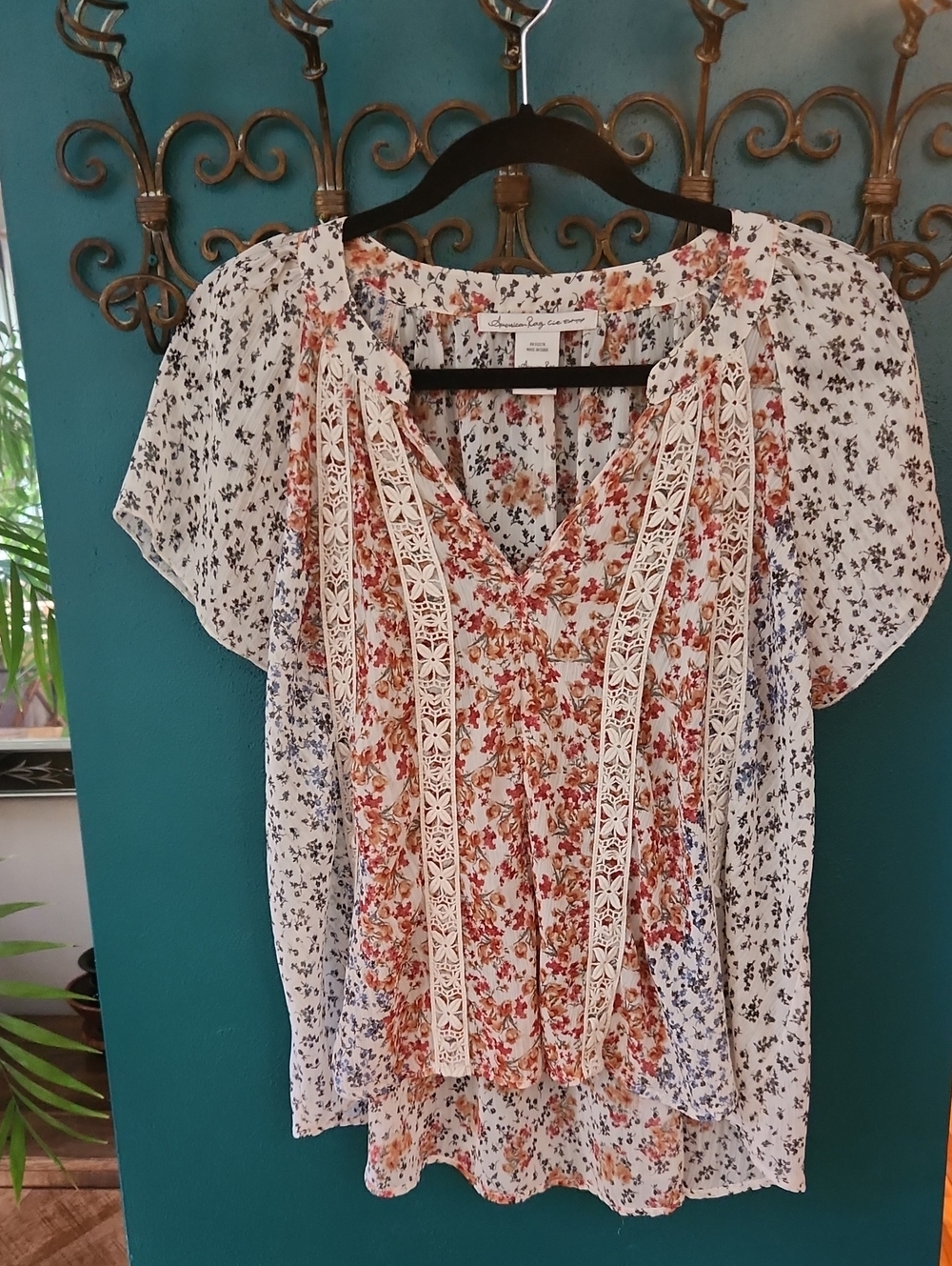 American Rag Multi-Colored Floral Lace-Trim Peasant Top